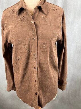 Vintage Women’s Med Top Faux Suede Button Up Brown Embroidered Dress Shirt